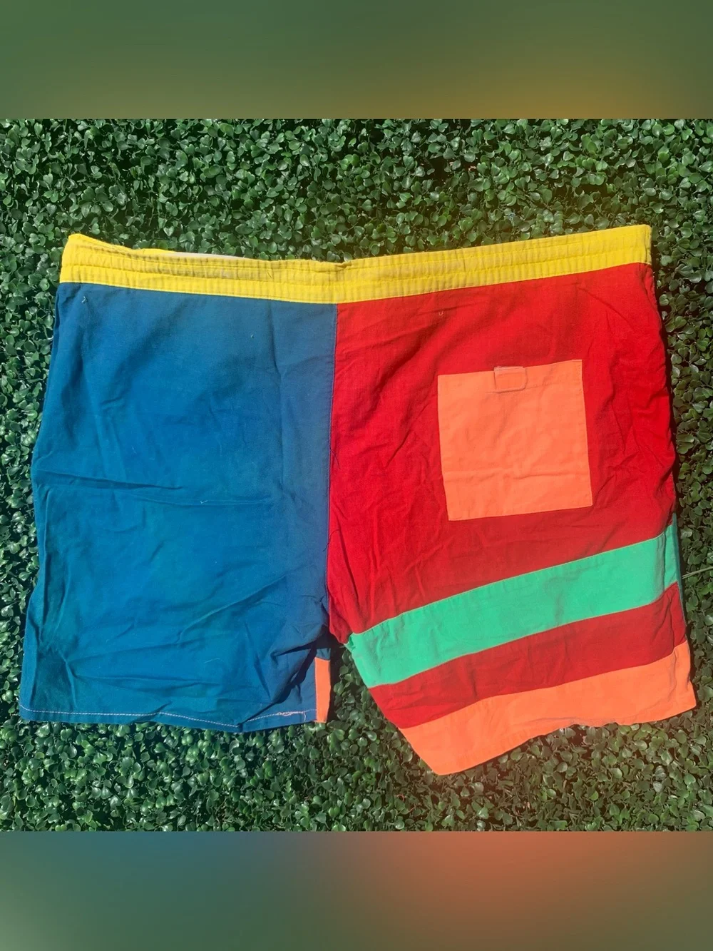 Vintage vibrant colorblock cotton swim trunks - needs elastic repair